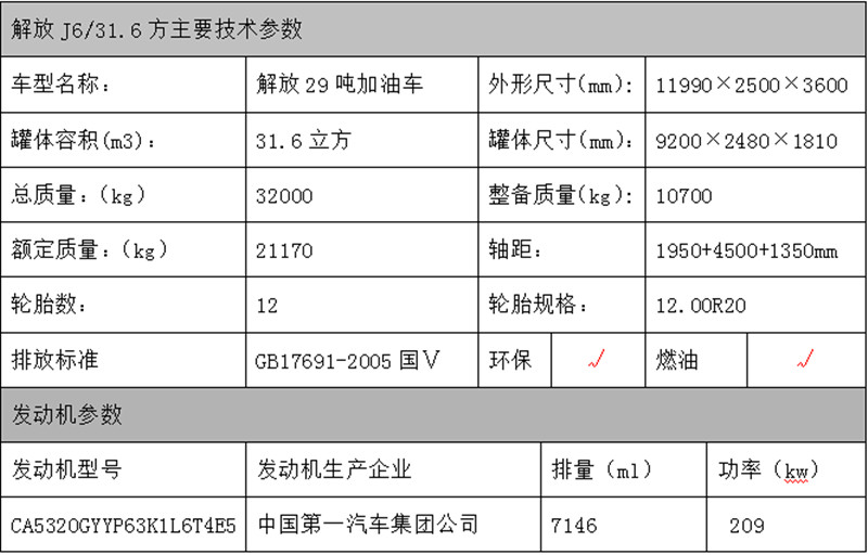 解放J6铝合金油罐车参数表